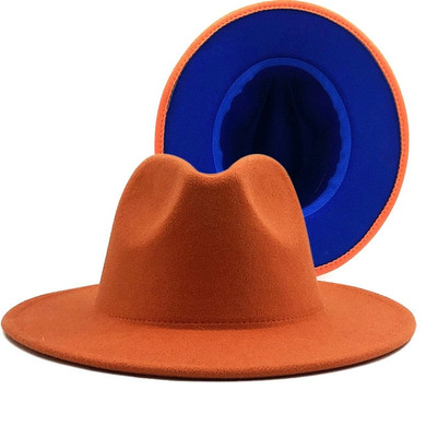 Simple Outer ORANGE Inner BLUE Wool Felt Jazz Fedora Hats with Thin Belt Buckle Men Women Wide Brim Panama Trilby Cap 56-58-60CM