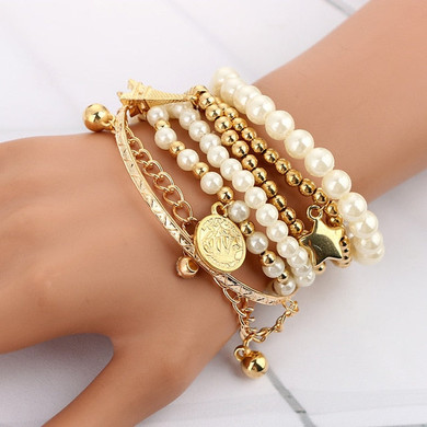 Tocona 6pcs/set Fashion Gold Color Beads Pearl Star Multilayer Beaded Bracelets Set for Women