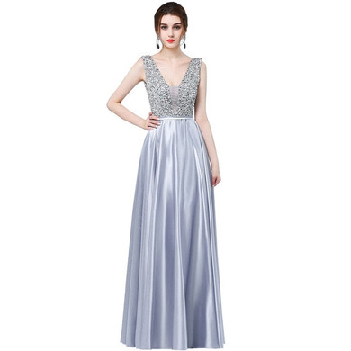 Ladybeauty New V-Neck Beads Bodice Open Back A Line Long Evening Dress Party Elegant Vestido De Festa Fast Shipping Prom Gown