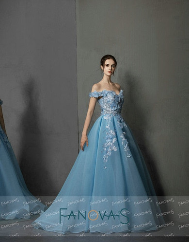 Blue Off Shoulder Evening Dresses Long With 3D Flowers Prom Dresses 2019 vestidos de fiesta largos elegantes de gala