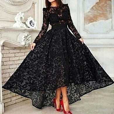 Black Muslim Evening Dresses 2019 A-line Long Sleeves Tea Length Lace Islamic Dubai Saudi Arabic Long Elegant Evening Gown