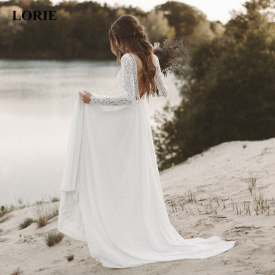 LORIE Beach Wedding Dress Long Sleeve Boho V Neck Open Back bridal dresses 2019 Chiffon Princess Lace Chiffon Wedding Gown novia