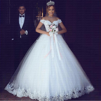 White Lace Appliques Ball Gown Cheap Wedding Dresses 2019 Off The Shoulder Short Sleeves Vestido De Noiva