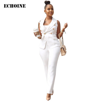 OL office Ladies Blazer Suit 2 Piece set Elegant Work Pants Suits Sleeveless Double Breasted Jacket & Trousers Suit