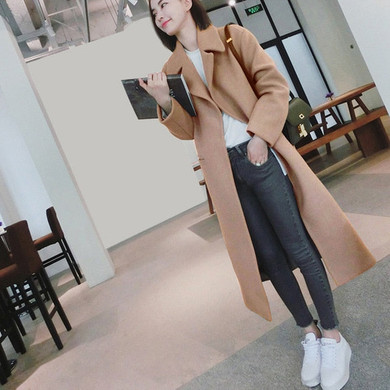 Autumn and Winter New Women's Korean Slim Was Thin Woolen Coat Pure Color Long-sleeved Temperament Long Section Casual Jacket
