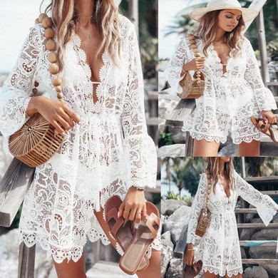 2019 New Summer Women Bikini Cover Up Floral Lace Hollow Crochet Swimsuit Cover-Ups Bathing Suit Beachwear Tunic Beach Dress
