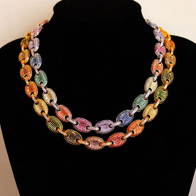 Colorful CZ Hollow Cuban Link Chain Necklace For Male Hip Hop Jewelry