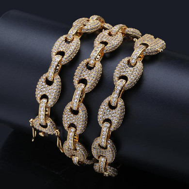 12MM Mens All Iced Out Simulated 24K Gold Silver Bracelet Necklace