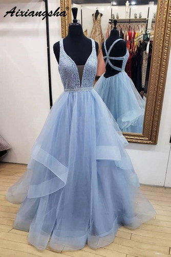 Sexy Backless V-Neck A-Line Light Blue Prom Dress Lace Ruffles Tulle vestido de fiesta Long Prom Dresses 2019