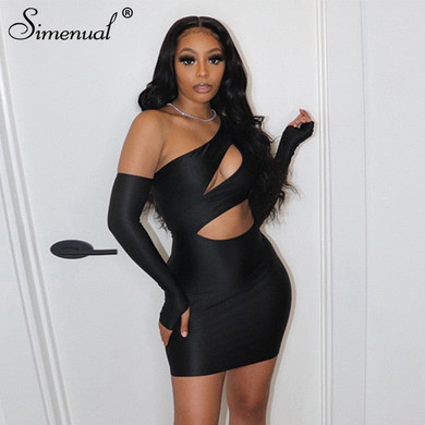 Simenual One Shoulder Cut Out Hot Bodycon Dresses Woman Party Night Sexy Long Sleeve Clubwear Fashion Mini Dress Autumn Winter