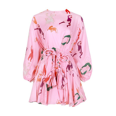 TWOTWINSTYLE Hit Color Print Dresses Women Long Sleeve O Neck High Waist Lace Up Female Dress Spring Casual Fashion 2020 Tide