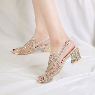 Woman Sandals Gold Open Toe Sandal Lace Dress Shoes