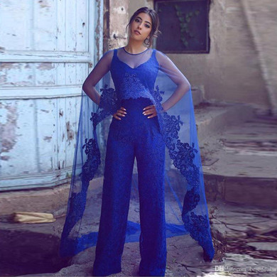 2019Blue Lace Jumpsuit Mother of the Bride Dress  with Wrap Spaghetti Strap Appliques Pant Suits Vestidos De Fiesta Formal Gowns