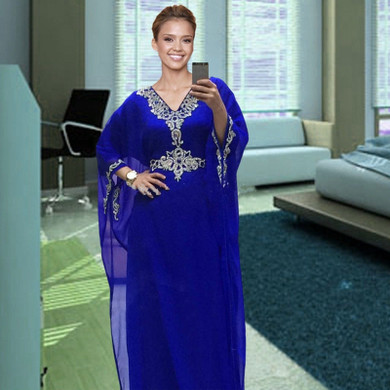 2018 Royal Blue Dubai Long robe de soiree Muslim Evening gown Kaftan Chiffon Beaded Arabic Formal mother of the bride dresses