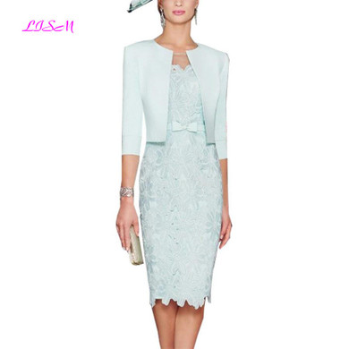 Mint Green Knee Length Mother Dresses with Jacket Lace Appliques Mother of the Bride Dress Elegant Evening Formal Gowns