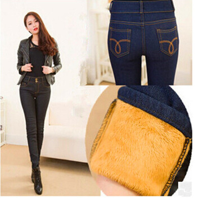 WKOUD 2019 Winter Jeans Women Gold Fleeces Inside Thickening Denim Pants High Waist Warm Trousers Female Snow Jeans Pants P8018