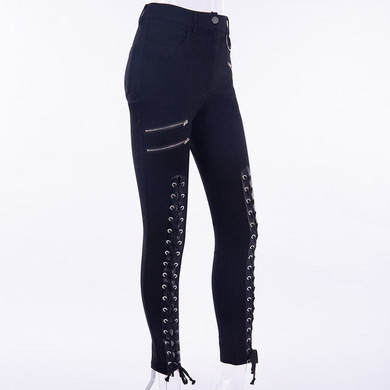 InstaHot Gothic Punk Lace Up Pencil Pants Autumn Women Fake Zippers Pocket Elastic Tie Up Pant Skinny Long Trousers Vintage 2018