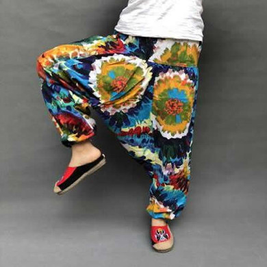 Women Causal Print Hippy Baggy Boho Elastic Cross-Pants Loose Trousers Aladdin Lantern Wide Leg Cotton Linen Harem Pants Plus