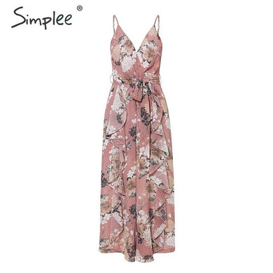 Simplee Bohemian floral print women jumpsuit Sexy v-neck spaghetti strap sashes jumpsuit romper Elegant ruffled female overalls