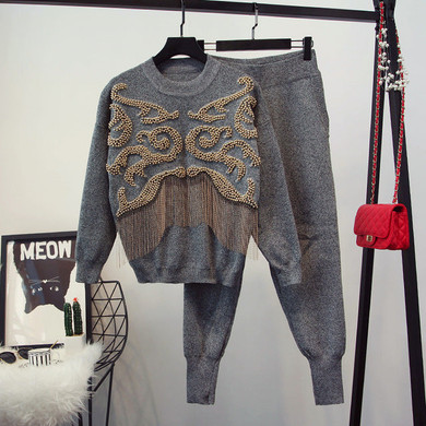 Luxurious Tassel Knitted Tracksuit Sweatshirts Autumn Casual Suit Women Clothing 2 Piece set Knit Pant Sporting Suit Female