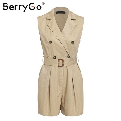 BerryGo women rompers Elegant sashes khaki playsuit Summer womens jumpsuit Office ladies playsuit pockets button zipper rompers
