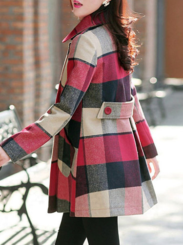 Lapel Plaid Patch Pocket Double Breasted Woolen Coat