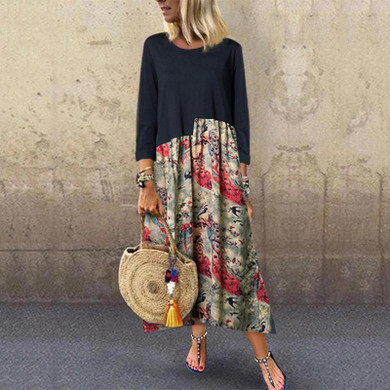 Casual Round Neck Color Block Long Sleeve Dress