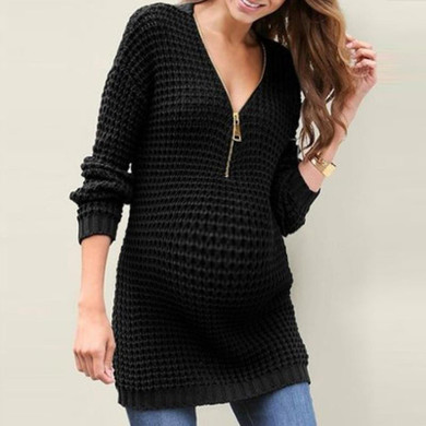 Maternity Zips Pure Color Knit Sweater