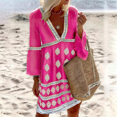 Boho Printed V-Neck Flared Sleeve A-Line Dress