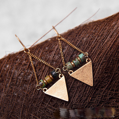 Boho Style Antique Natural Stone Bead Triangle Dangle Earring