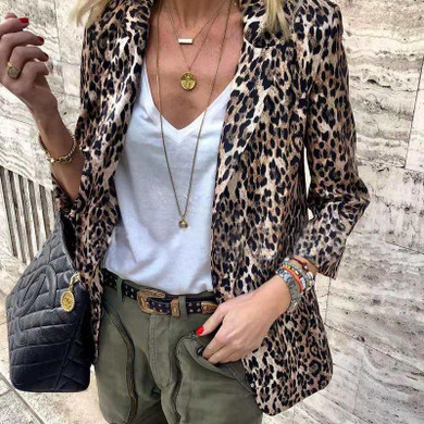 Fashion Leopard Print Turndown Collar Long Sleeve Blazer