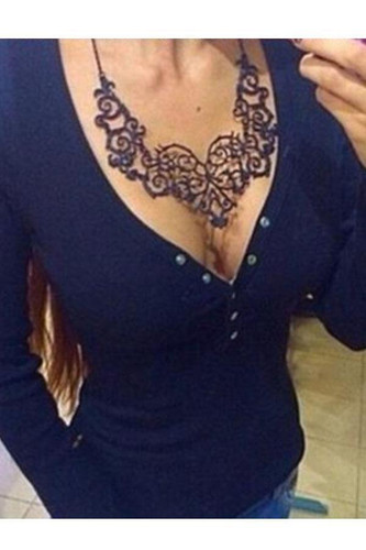 V Neck  Single Breasted  Plain T-Shirts