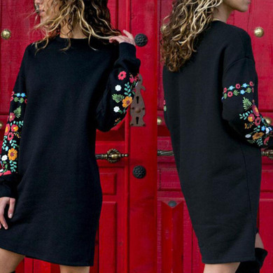 Round Neck  Floral Printed  Long Sleeve Casual Dresses