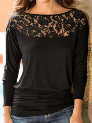 Round Neck  Patchwork Plain  Batwing Sleeve T-Shirts
