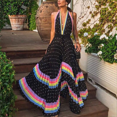 Bohemian Pleated Splicing Polka Dot Dress