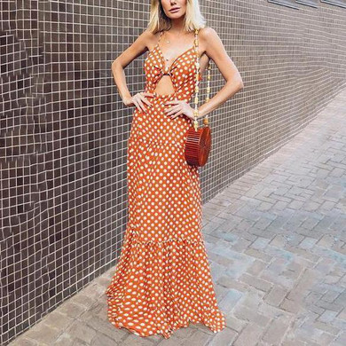 Fashion V Neck Off-Shoulder Bare Back Pleated Splicing Polka Dot Dress