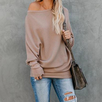Oblique Collar Knitting Long Sleeve Plain Sweaters