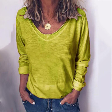 Casual V-Neck Plain Loose Long Sleeve Blouse