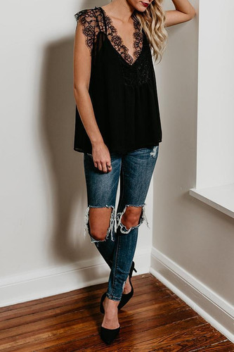 Deep V Neck  Patchwork  Lace Plain T-Shirts
