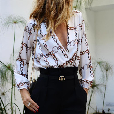 Fashion V Collar Long-Sleeved Print Shirt