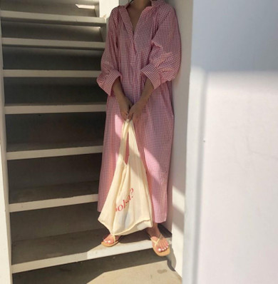 Casual Loose Plaid Long Sleeve Shirt Maxi Dress