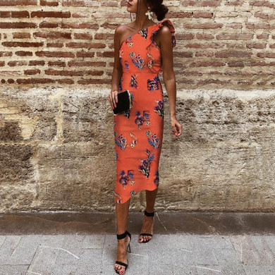 Sexy One Shoulder Sleeveless Floral Print Bodycon Dress