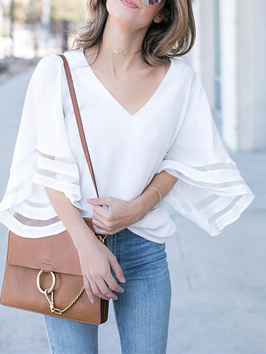 Summer  Style Sexy Deep V Neck Trumpet Sleeve Blouse