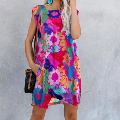 Printed Stitching Round Neck Casual Dress