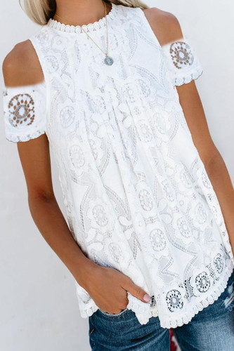 Round Neck  Cutout Decorative Lace  Lace  Blouses