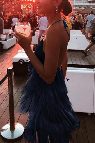 Sexy White Tassel Backless Sleeveless Mini Dress