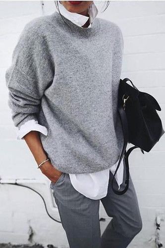 Fashion Round Neck Pure Colour Loose Sweater