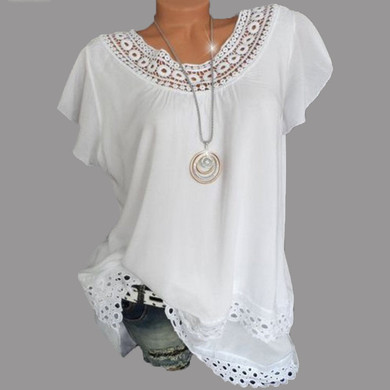 Round Neck  Loose Fitting Patchwork  Lace Blouses