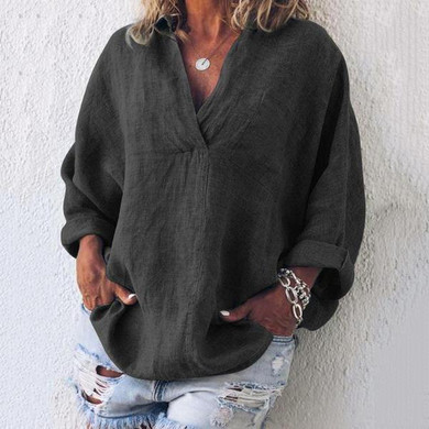 Spring Summer  Cotton/Linen  V-Neck  Patch Pocket  Plain  Long Sleeve Blouse