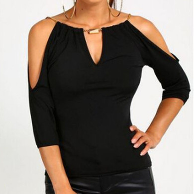 Open Shoulder V Neck  Hollow Out Plain T-Shirts